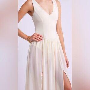 OPEN EDIT Mixed Media Cream Sleeveless Semi- Sheer Bodysuit Dress- Size S - NEW